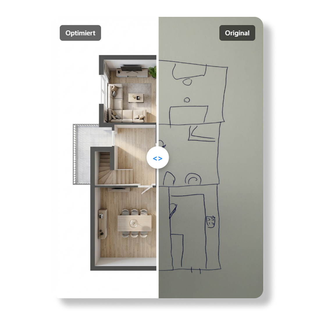Vorher-Nachher-Vergleich einer Immobilien-Grundriss-Optimierung: Von der Handskizze zur fotorealistischen 3D-Visualisierung mit Möblierung.