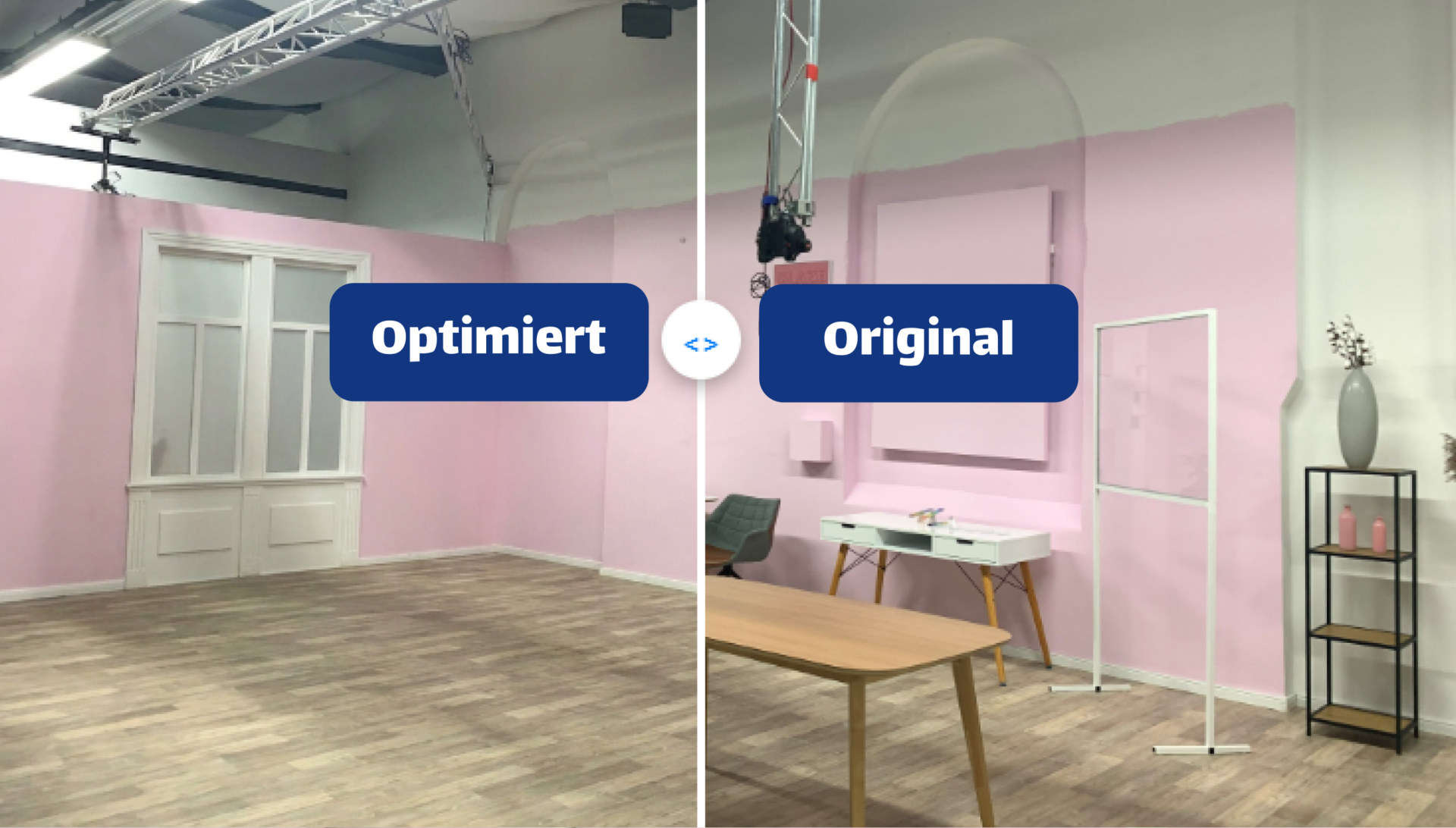 Vorher-Nachher-Vergleich: Raum vollgestellt („Original“) vs. digital entrümpelt und leer („Optimiert“).