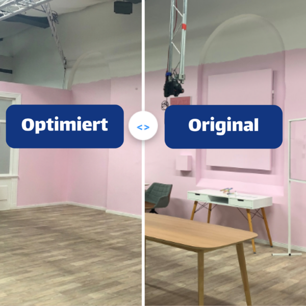Vorher-Nachher-Vergleich: Raum vollgestellt („Original“) vs. digital entrümpelt und leer („Optimiert“).