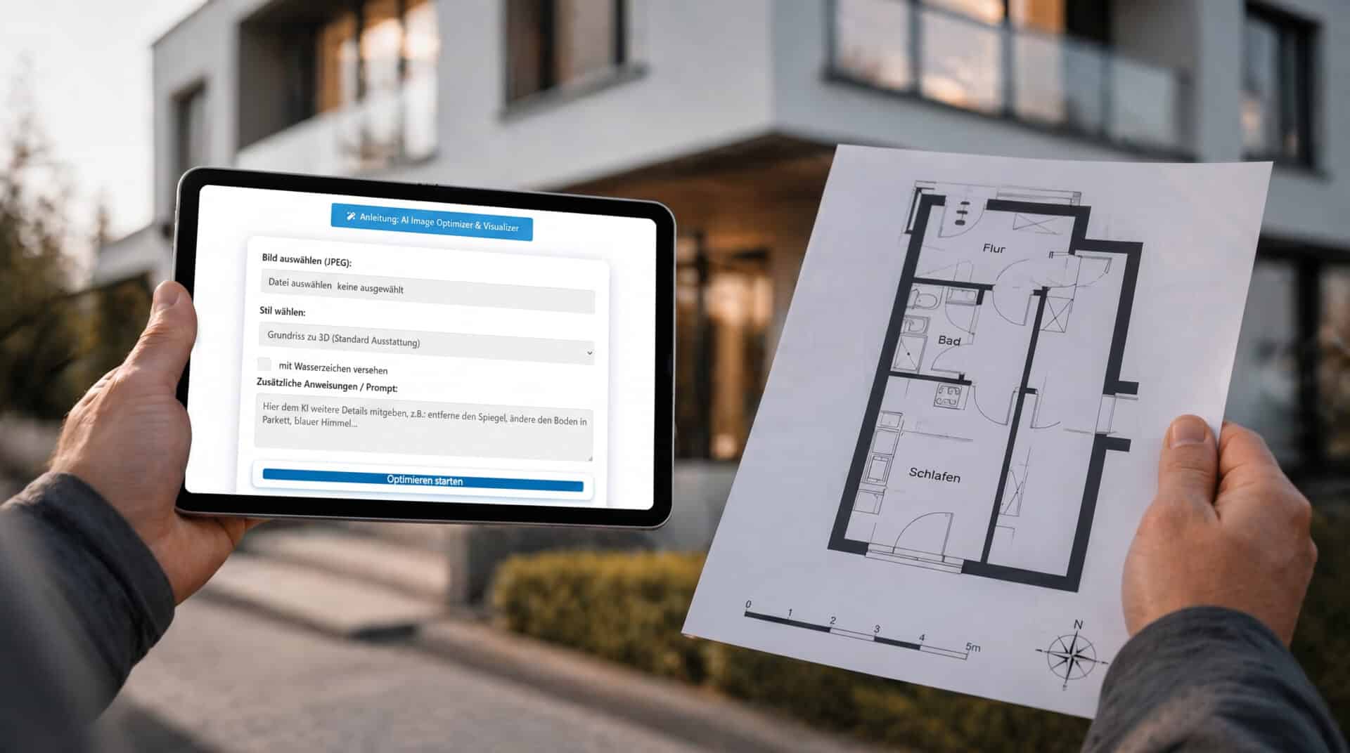 Eine Person hält ein Tablet mit einer Immobilien-Software und einen ausgedruckten Grundriss vor einem modernen Wohnhaus.