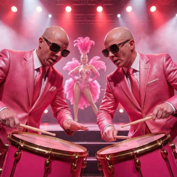 Zwei Trommler in leuchtend pinken Anzügen spielen auf pinken Trommeln, im Hintergrund eine Showtänzerin im rosa Federkostüm auf der Bühne.