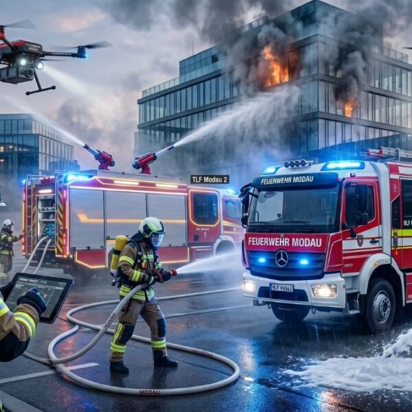 Futuristische Einsatzszene der Feuerwehr Modau mit Drohnen, Löschrobotern und digitalen Tablets zur Einsatzleitung. KI-gestützter Zukunftsblick für die multimediale Chronik.