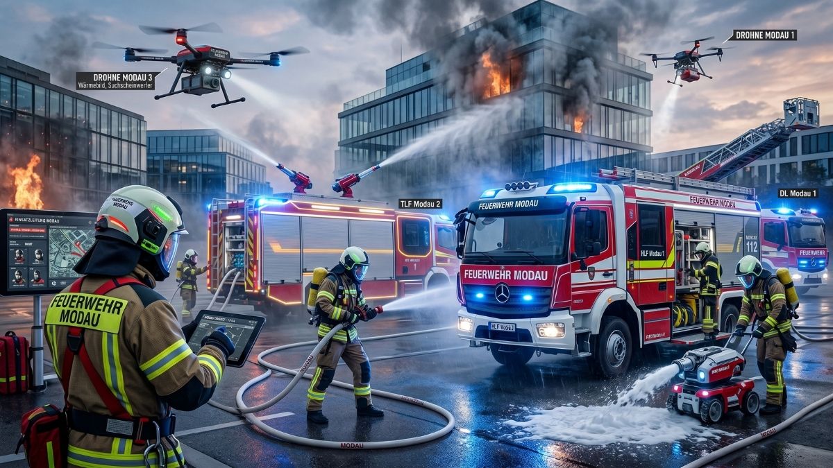 Futuristische Einsatzszene der Feuerwehr Modau mit Drohnen, Löschrobotern und digitalen Tablets zur Einsatzleitung. KI-gestützter Zukunftsblick für die multimediale Chronik.