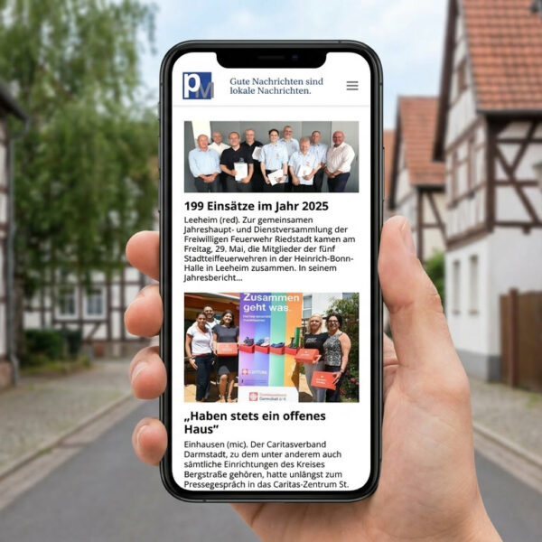 Eine Hand hält ein Smartphone, auf dem das neue regionale Nachrichtenportal von Plegge Medien zu sehen ist. Im Hintergrund ist eine unscharfe Straße mit traditionellen hessischen Fachwerkhäusern abgebildet, die den lokalen Bezug unterstreicht.