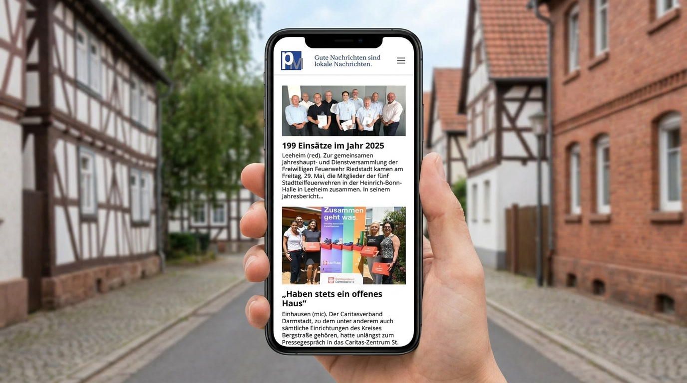 Eine Hand hält ein Smartphone, auf dem das neue regionale Nachrichtenportal von Plegge Medien zu sehen ist. Im Hintergrund ist eine unscharfe Straße mit traditionellen hessischen Fachwerkhäusern abgebildet, die den lokalen Bezug unterstreicht.