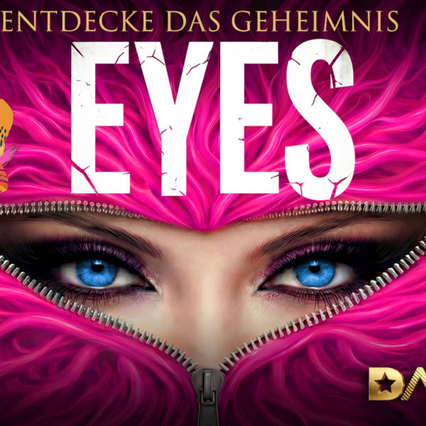 Digitale Grafik des DaCapo Werbebanners. Eine leuchtend pinke Textur öffnet sich durch einen Reißverschluss und zeigt markante blaue Augen. Text: "ENTDECKE DAS GEHEIMNIS EYES", das Jubiläums-Emblem und das DaCapo-Logo.