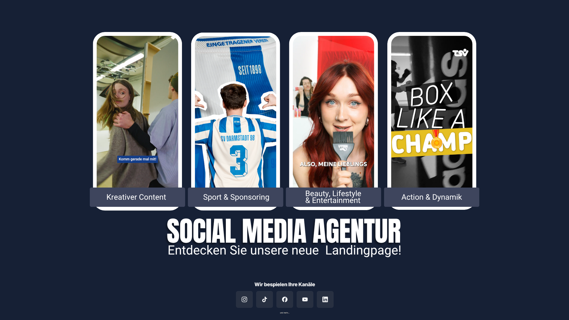 Collage verschiedener Content-Formate auf Smartphones, wie Sport, Beauty und Action, produziert von unserer Social Media Agentur.