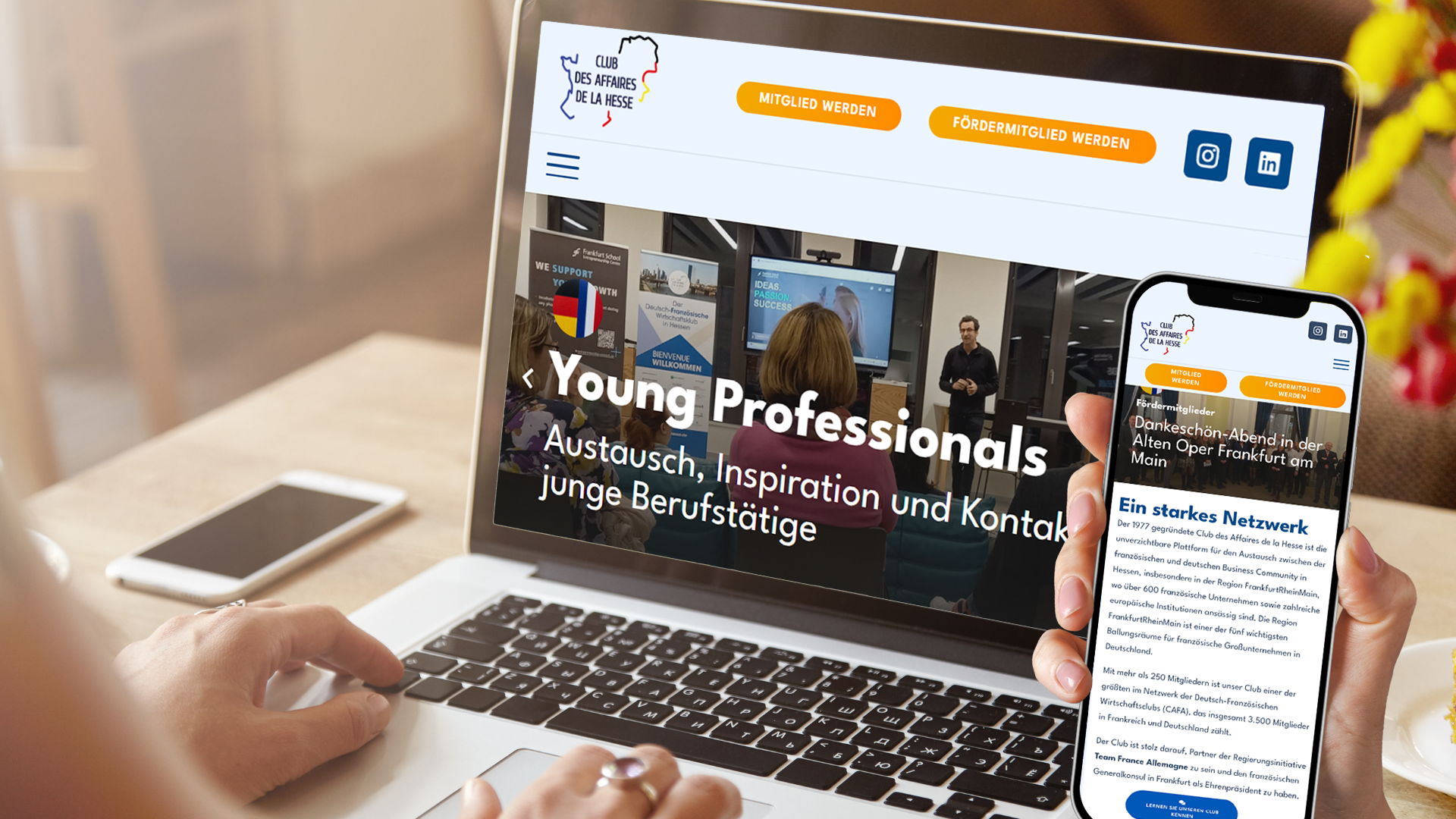 Ein Laptop und ein Smartphone zeigen das responsive Webdesign der neuen Website des Club des Affaires de la Hesse nach dem Plattform-Relaunch.