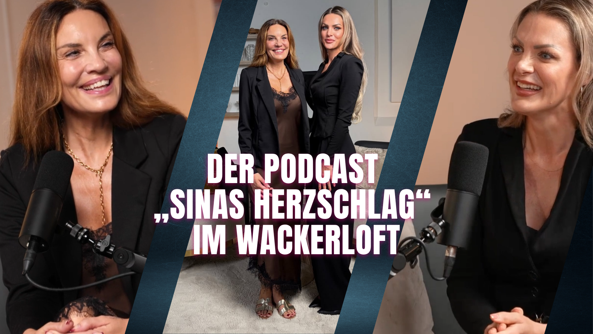 Collage der Podcast-Aufzeichnung „Sinas Herzschlag“ im Studio WackerLoft. Links lacht Gastgeberin Sina Weck in ein Mikrofon, rechts spricht Gast Jennifer Denise Seifert freudig in ein Mikrofon. In der Mitte posieren beide Frauen gemeinsam im stilvollen Studio-Set. Zentraler Text im Bild: Der Podcast „Sinas Herzschlag“ im WackerLoft.