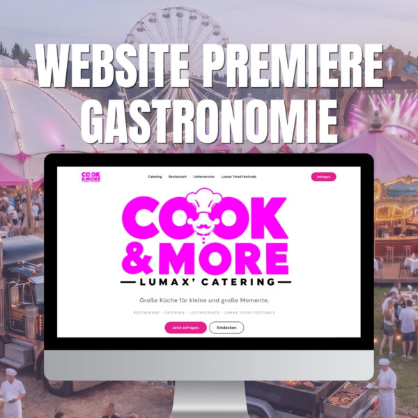 Monitor mit der neuen Website von Cook & More Lumax Catering vor einer stimmungsvollen Kulisse eines großen Food Festivals mit rosafarbenen Zelten, Riesenrad und einem gebrandeten Foodtruck.
