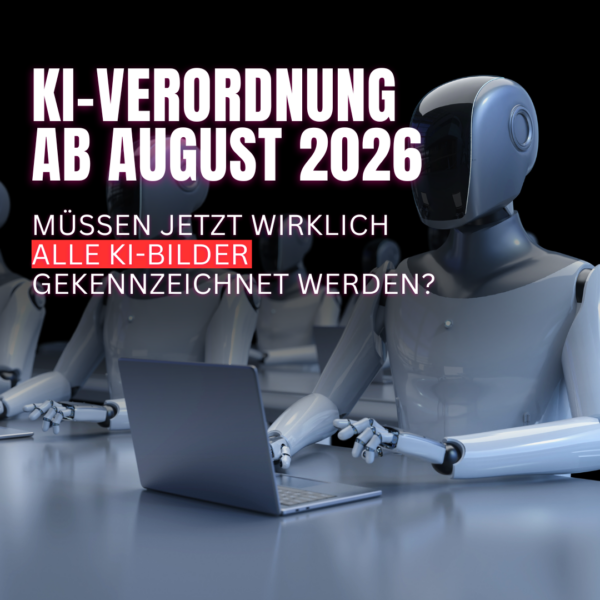 Mehrere humanoide Roboter sitzen an Schreibtischen und tippen auf Laptops. Ein Text-Overlay lautet: „KI-Verordnung ab August 2026 – Müssen jetzt wirklich alle KI-Bilder gekennzeichnet werden?“. Unten links befindet sich ein AI-Logo.