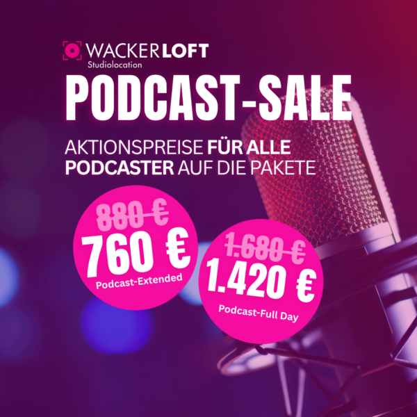 Professionelles Mikrofon im WackerLoft mit Angeboten zum Podcast-Sale. Jetzt günstig ein Podcast Studio mieten und bei den Paketen Extended und Full Day sparen.