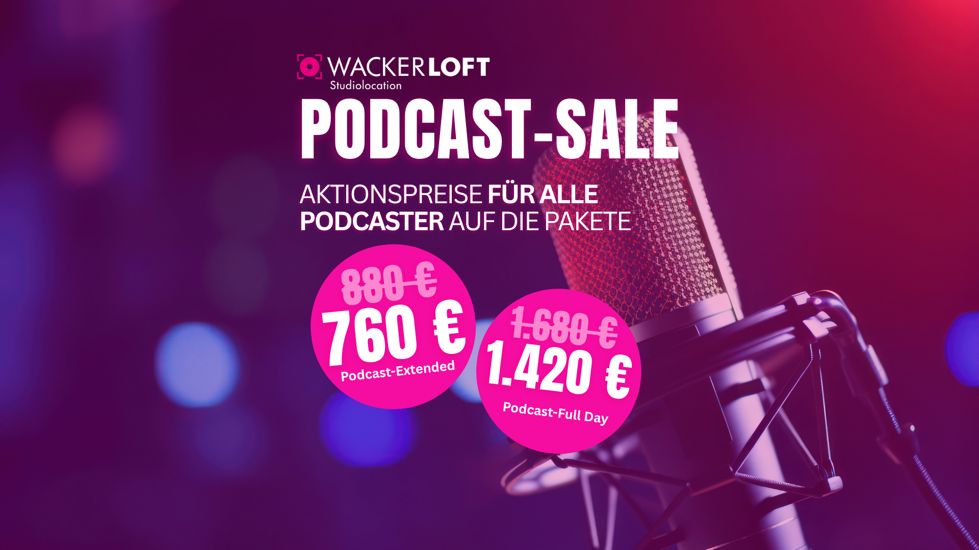 Professionelles Mikrofon im WackerLoft mit Angeboten zum Podcast-Sale. Jetzt günstig ein Podcast Studio mieten und bei den Paketen Extended und Full Day sparen.